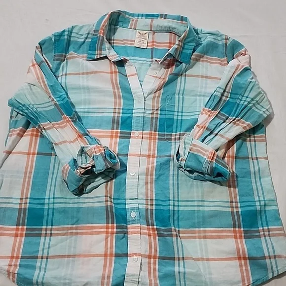 Faded Glory Teal and Orange Plaid Button Down Shirt - Picture 3 of 6